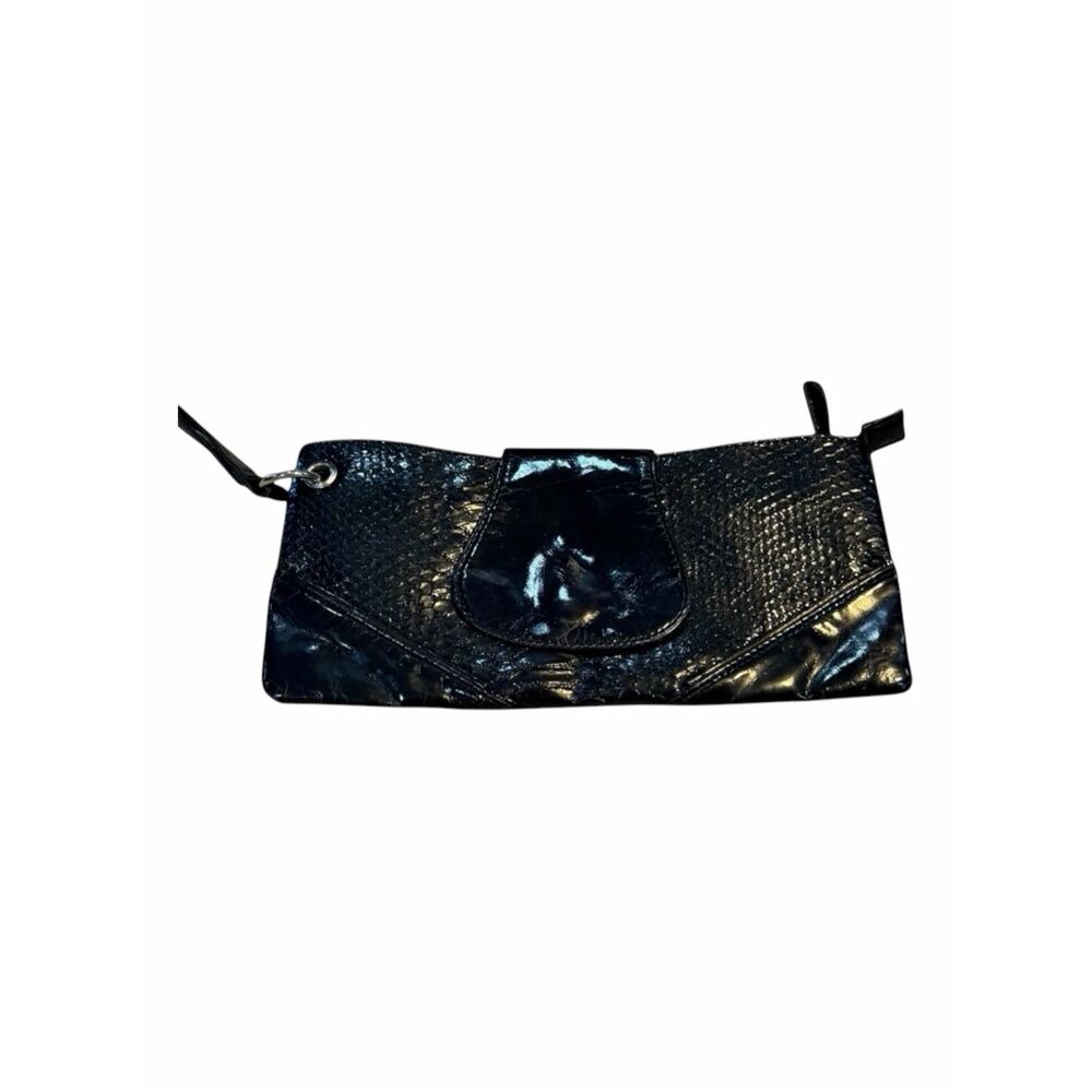 Vintage Black Faux Snakeskin Embossed Patent Clutch Wristlet Evening Bag